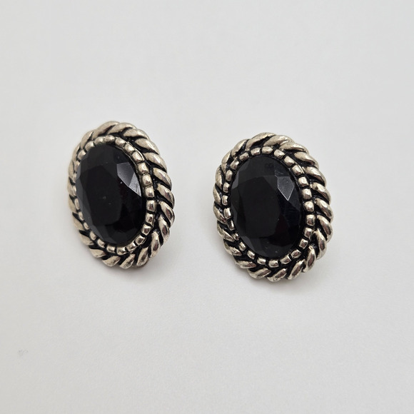 Vintage Earrings Black Oval Lucite Stone Chunky Silvertone Clip On Retro Classic - Picture 7 of 12